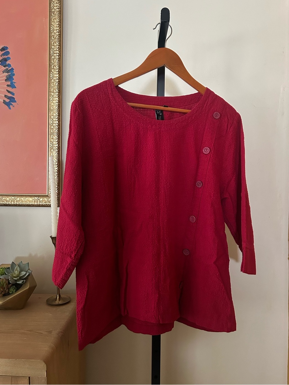 Focus Casual Life Button Accent Top Lagenlook Preshrunk Cotton 3/4 Sleeve Medium